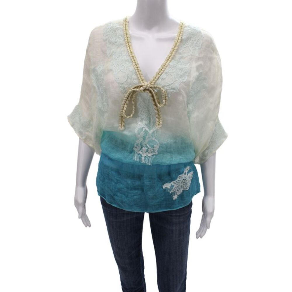 Vanita Rosa Women Kimono Blouse Beige V-Neck Linen Short Sleeve Size M